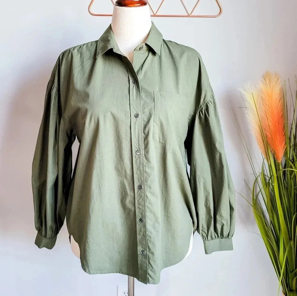 RAILS, Janae Olive Green Button Blouson Sleeve Oversized Shirt Top Size Small - Picture 2 of 13
